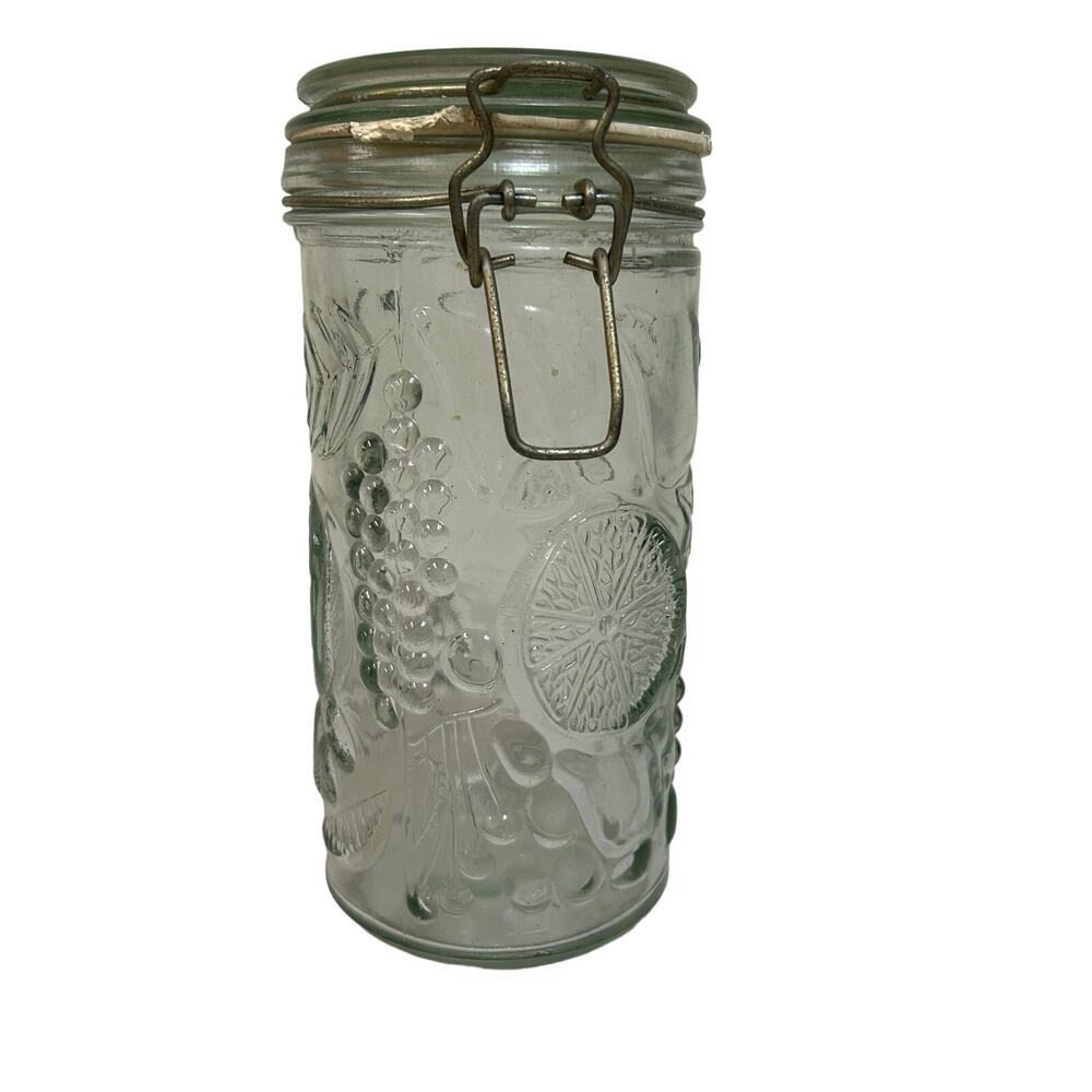 Vintage Fruit Embossed Clear Glass Canister with Flip Top 8" tall Collectable - Picture 8 of 8